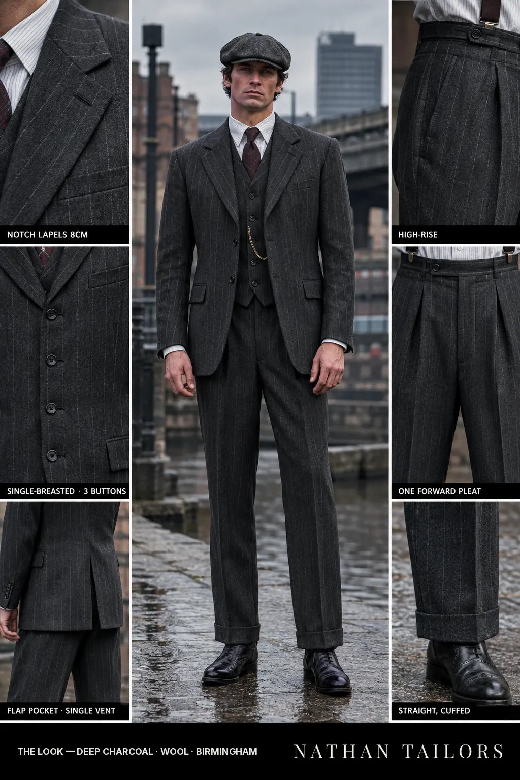 deep charcoal chalk stripe single-breasted notch-lapel bespoke suit — AI-rendered by Nathan Tailors, the Hoi An custom tailor. Available as a custom tailored suit from $149.