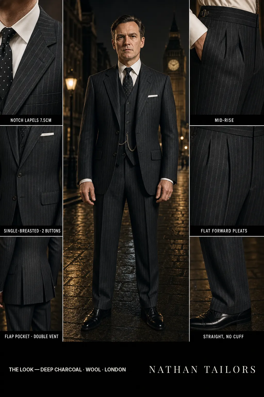 deep charcoal chalk stripe single-breasted notch-lapel bespoke suit โ AI-rendered by Nathan Tailors, the Hoi An custom tailor. Available as a custom tailored suit from $149.