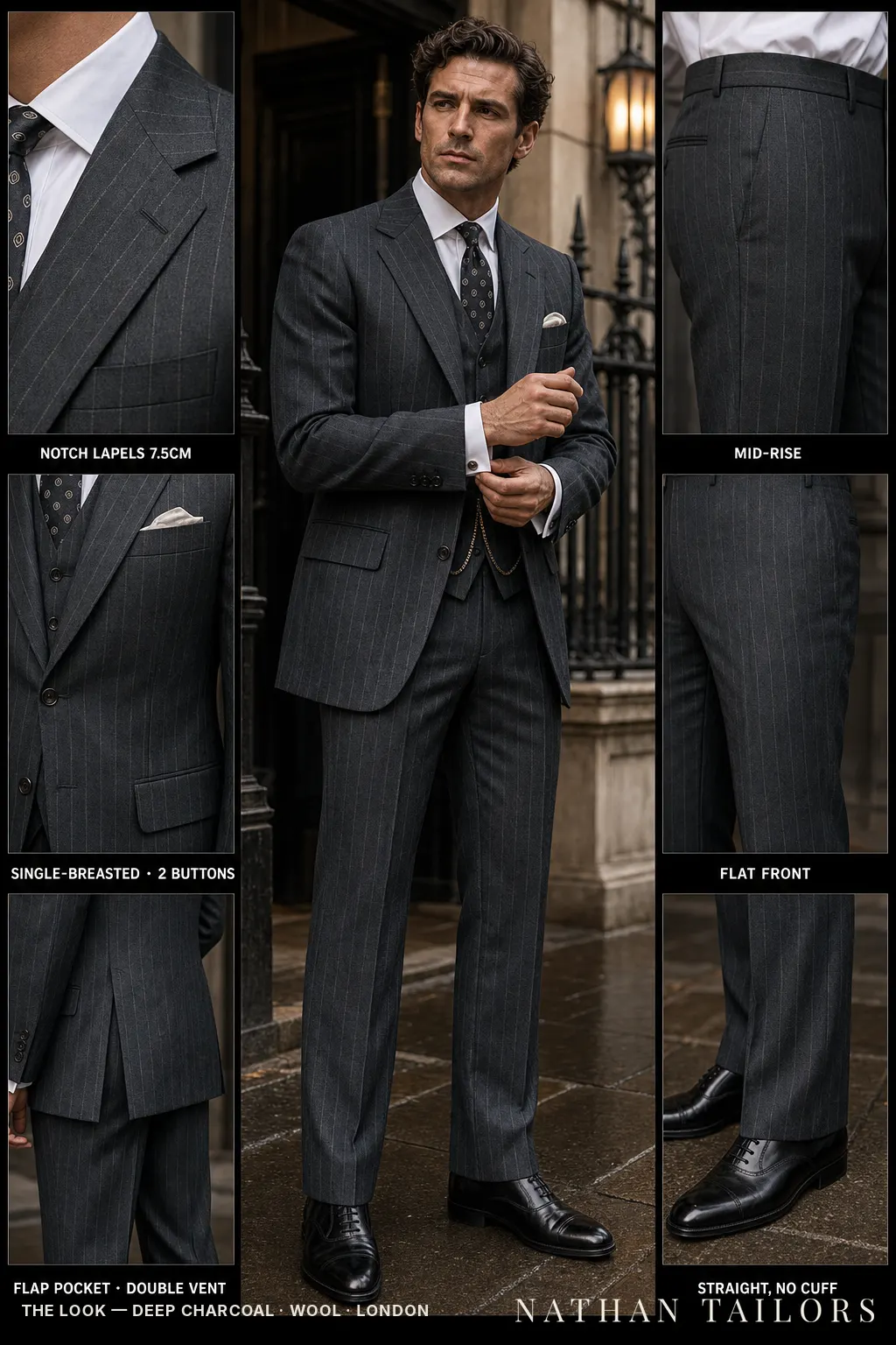 deep charcoal chalk stripe single-breasted notch-lapel bespoke suit — AI-rendered by Nathan Tailors, the Hoi An custom tailor. Available as a custom tailored suit from $149.