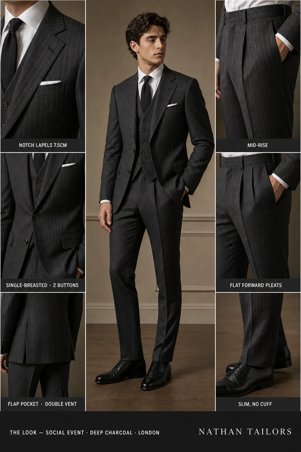 deep charcoal chalk stripe single-breasted notch-lapel bespoke suit — AI-rendered by Nathan Tailors, the Hoi An custom tailor. Available as a custom tailored suit from $149.