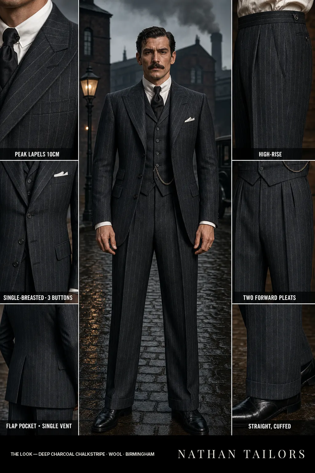 deep charcoal chalkstripe chalk stripe single-breasted peak-lapel bespoke suit — AI-rendered by Nathan Tailors, the Hoi An custom tailor. Available as a custom tailored suit from $149.