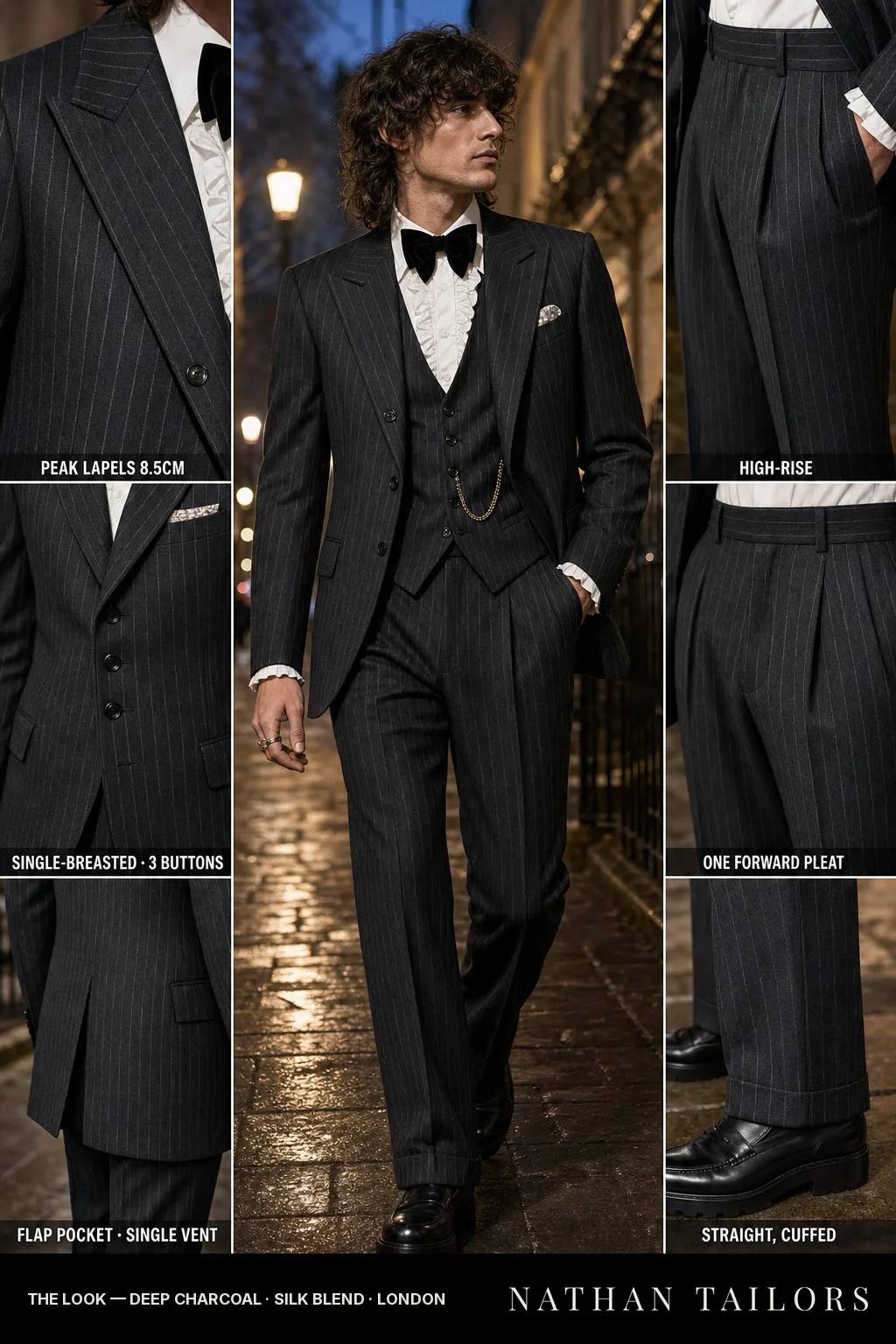 deep charcoal chalk stripe single-breasted peak-lapel bespoke suit — AI-rendered by Nathan Tailors, the Hoi An custom tailor. Available as a custom tailored suit from $149.