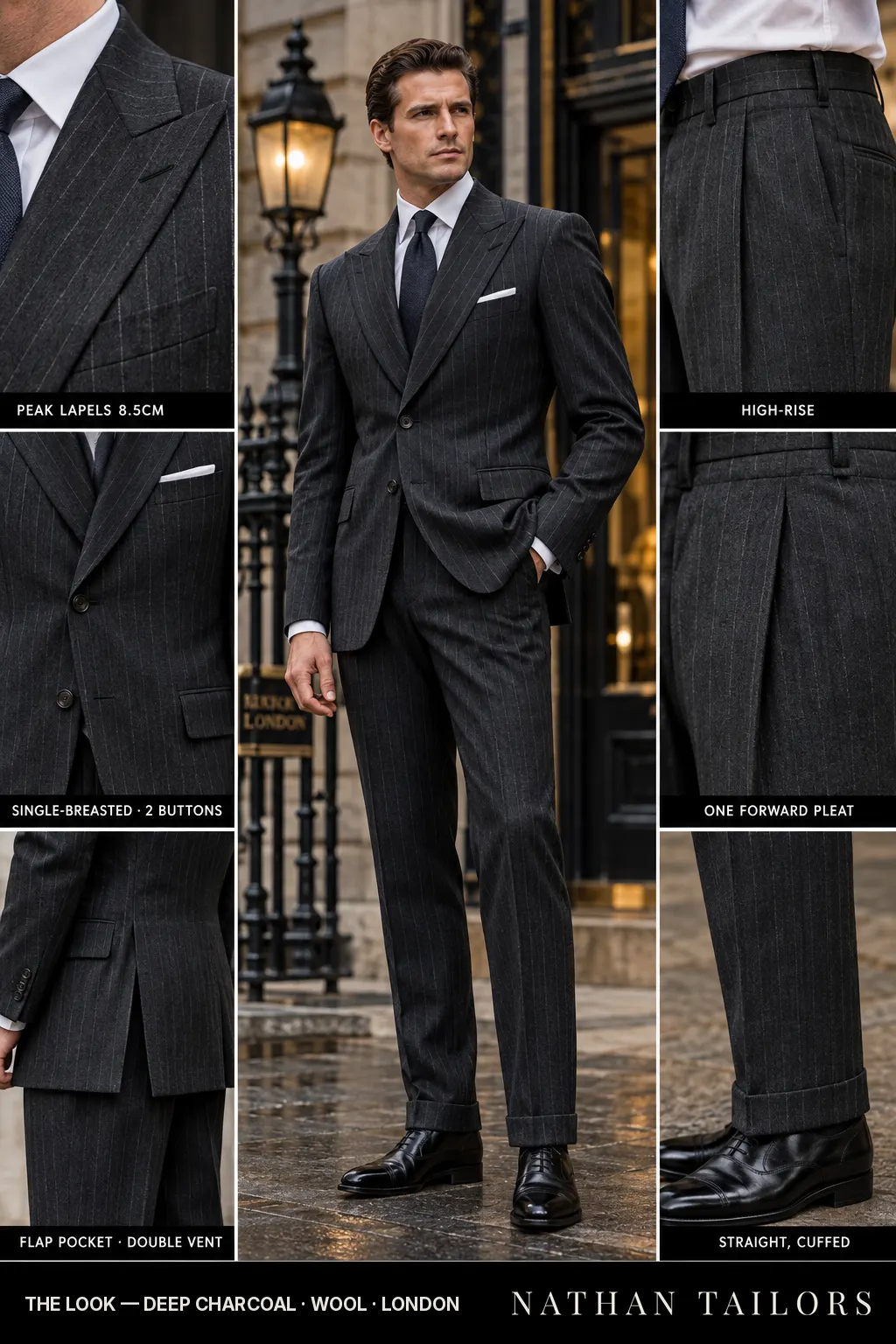 deep charcoal chalk stripe single-breasted peak-lapel bespoke suit โ AI-rendered by Nathan Tailors, the Hoi An custom tailor. Available as a custom tailored suit from $169.