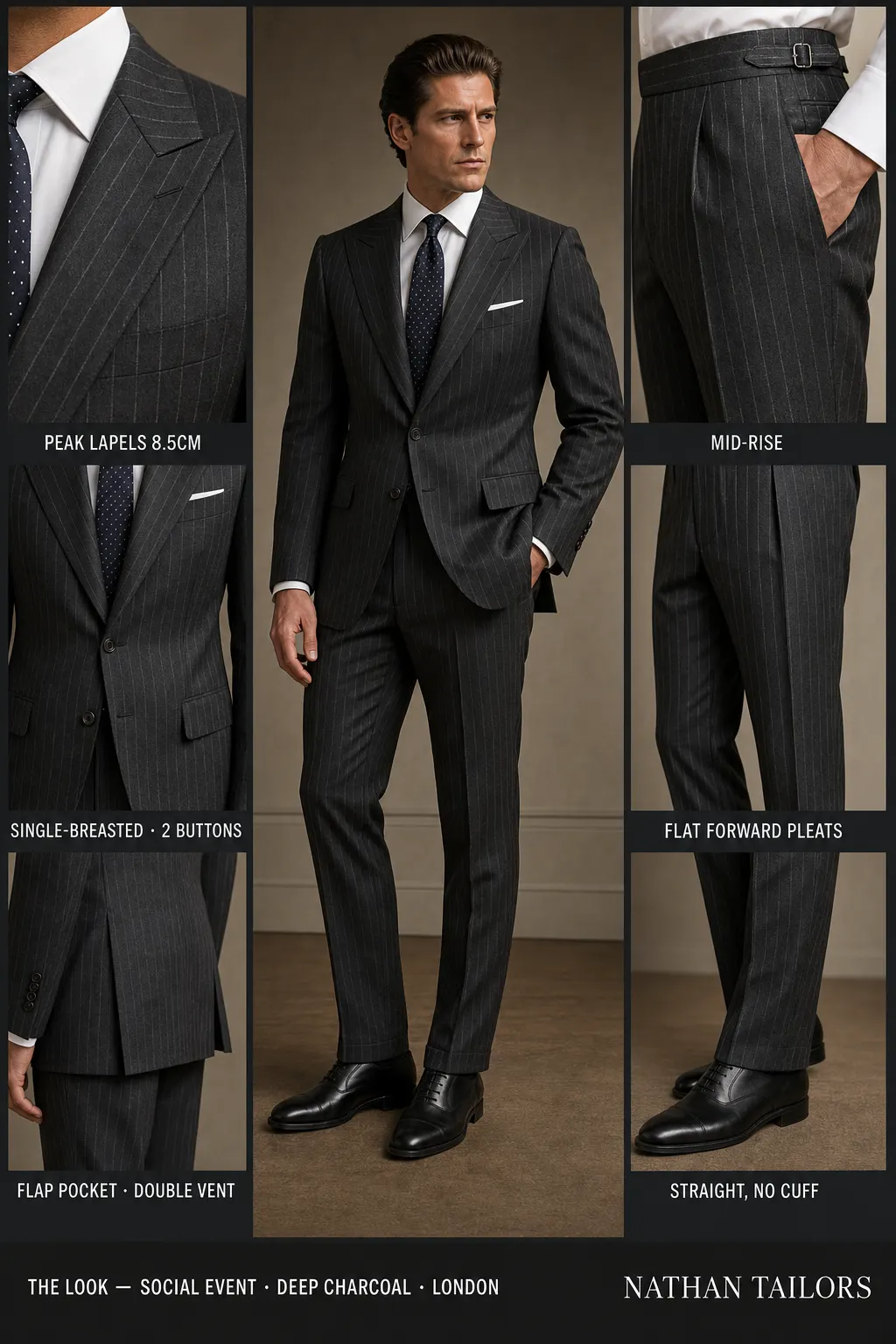 deep charcoal chalk stripe single-breasted peak-lapel bespoke suit โ AI-rendered by Nathan Tailors, the Hoi An custom tailor. Available as a custom tailored suit from $149.