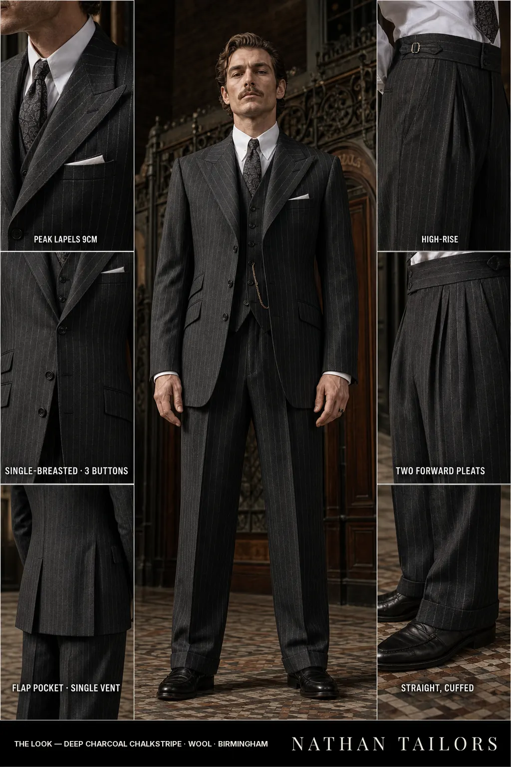 deep charcoal chalkstripe chalk stripe single-breasted peak-lapel bespoke suit — AI-rendered by Nathan Tailors, the Hoi An custom tailor. Available as a custom tailored suit from $149.