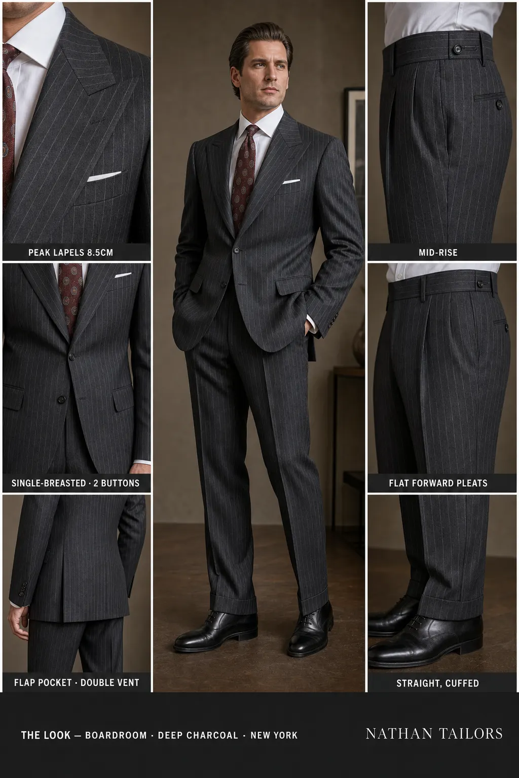 deep charcoal chalk stripe single-breasted peak-lapel bespoke suit — AI-rendered by Nathan Tailors, the Hoi An custom tailor. Available as a custom tailored suit from $149.