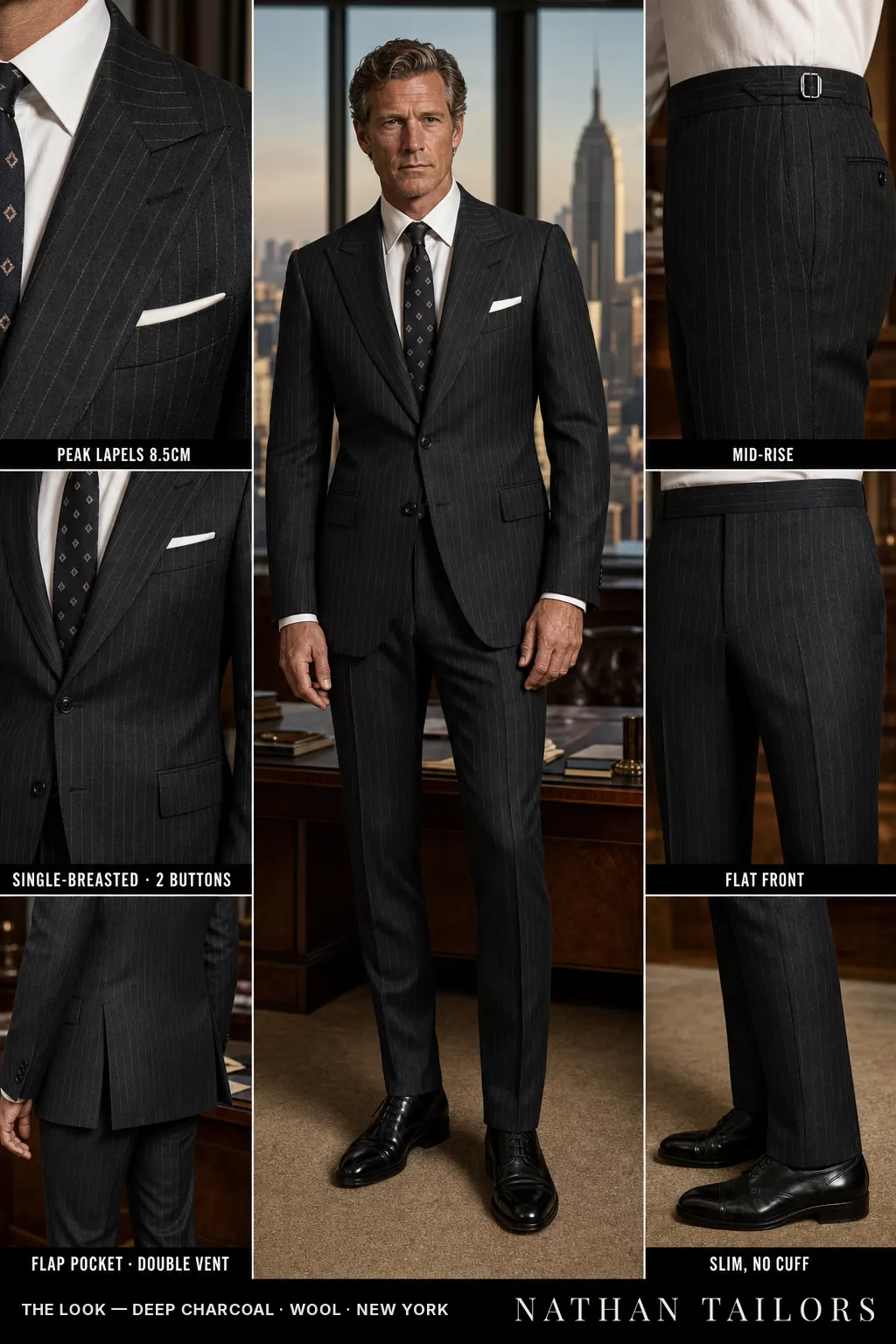 deep charcoal chalk stripe single-breasted peak-lapel bespoke suit — AI-rendered by Nathan Tailors, the Hoi An custom tailor. Available as a custom tailored suit from $149.