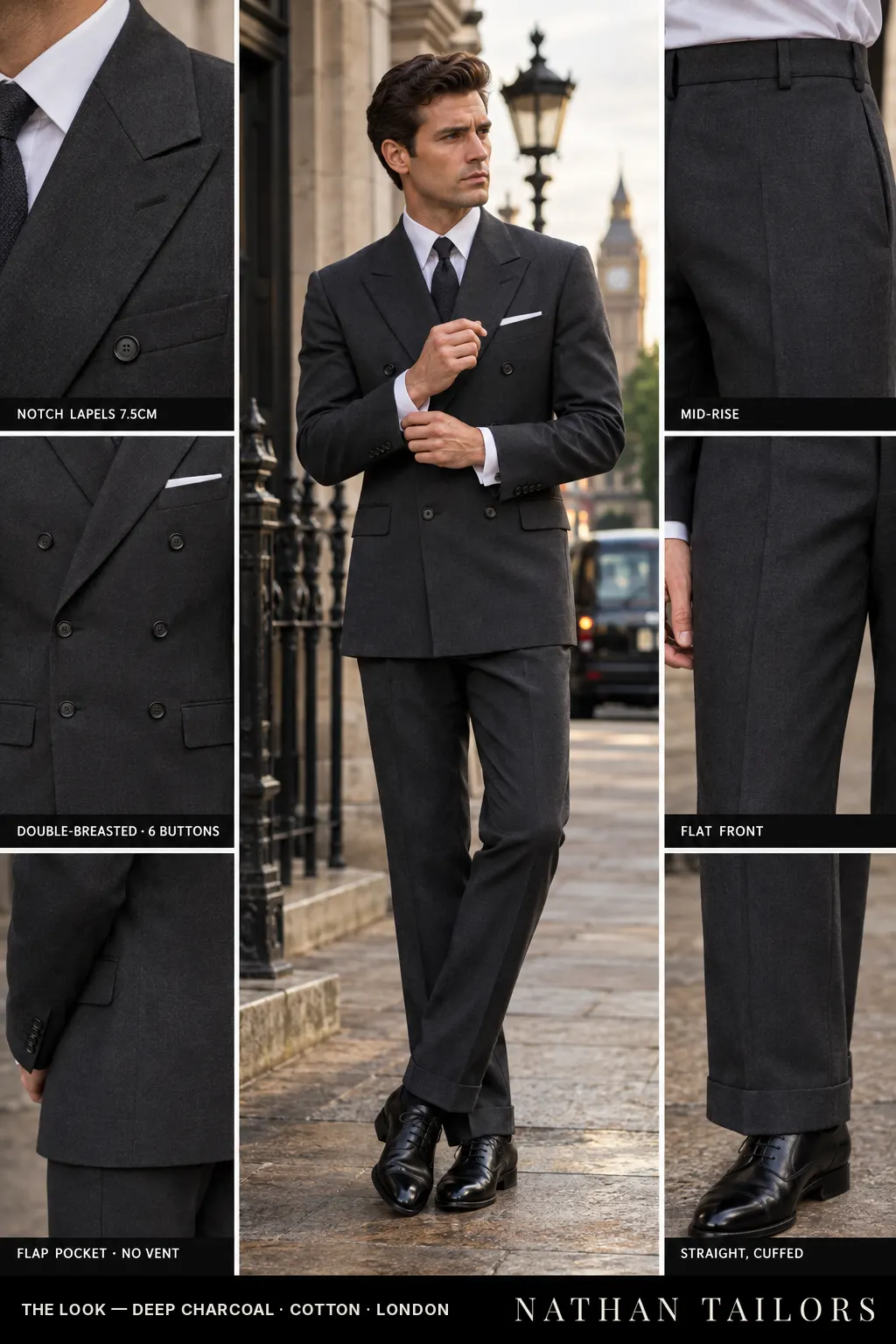 deep charcoal double-breasted notch-lapel bespoke suit โ AI-rendered by Nathan Tailors, the Hoi An custom tailor. Available as a custom tailored suit from $149.