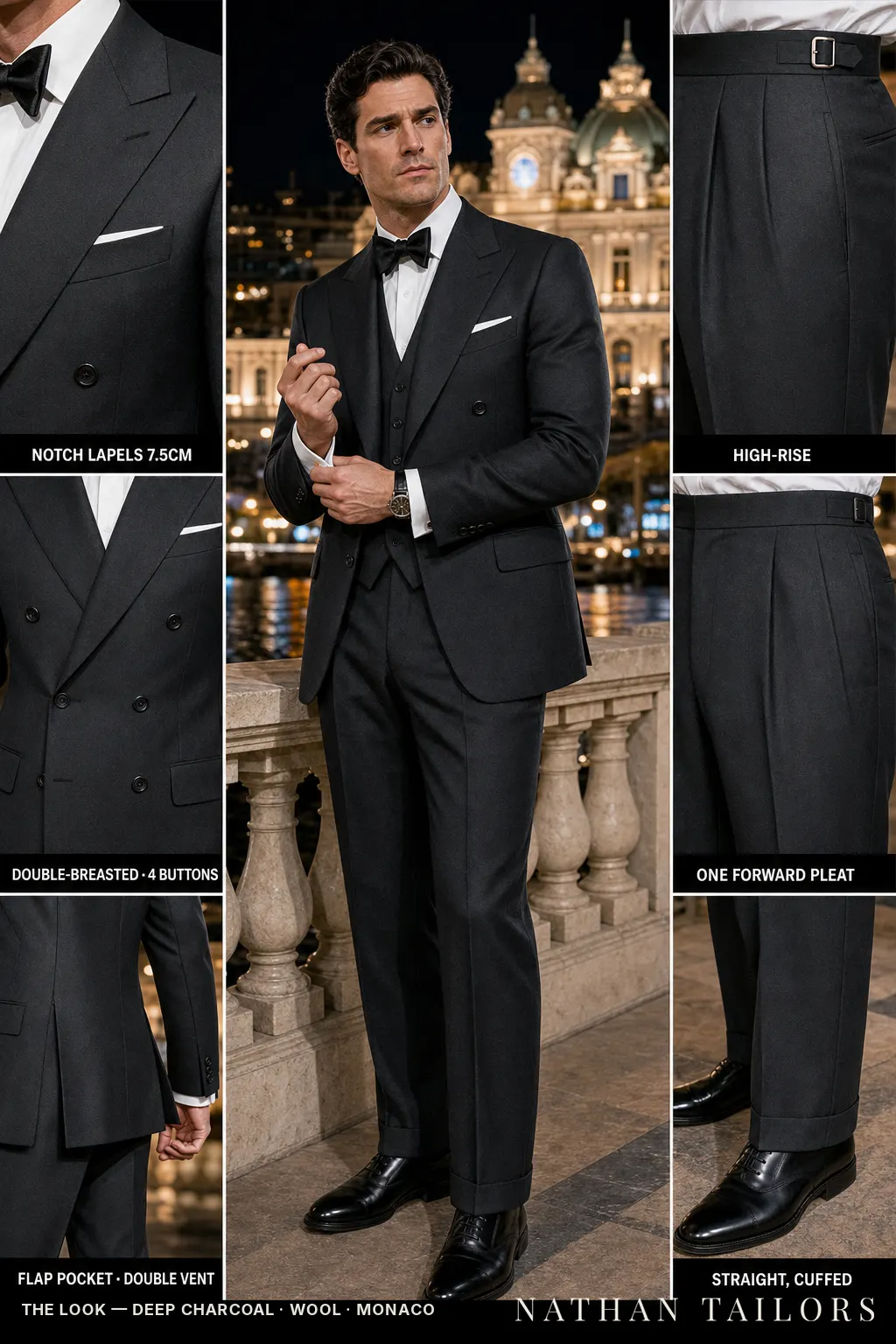 deep charcoal double-breasted notch-lapel bespoke suit โ AI-rendered by Nathan Tailors, the Hoi An custom tailor. Available as a custom tailored suit from $149.