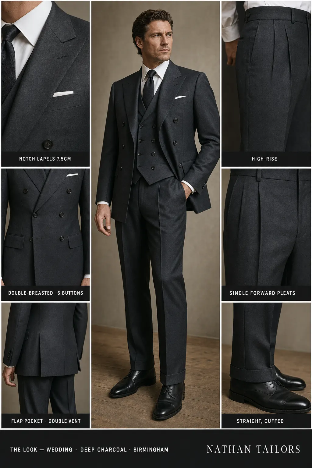 deep charcoal double-breasted notch-lapel bespoke suit โ AI-rendered by Nathan Tailors, the Hoi An custom tailor. Available as a custom tailored suit from $149.