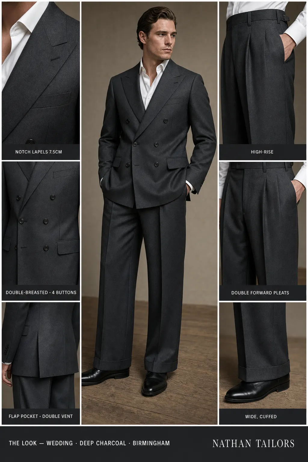 deep charcoal double-breasted notch-lapel bespoke suit โ AI-rendered by Nathan Tailors, the Hoi An custom tailor. Available as a custom tailored suit from $149.