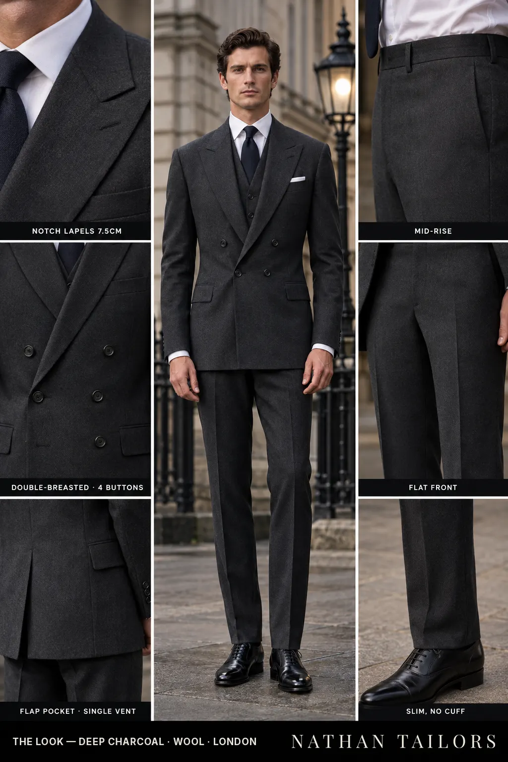 deep charcoal double-breasted bespoke suit โ custom tailored by Nathan Tailors, the Hoi An custom tailor