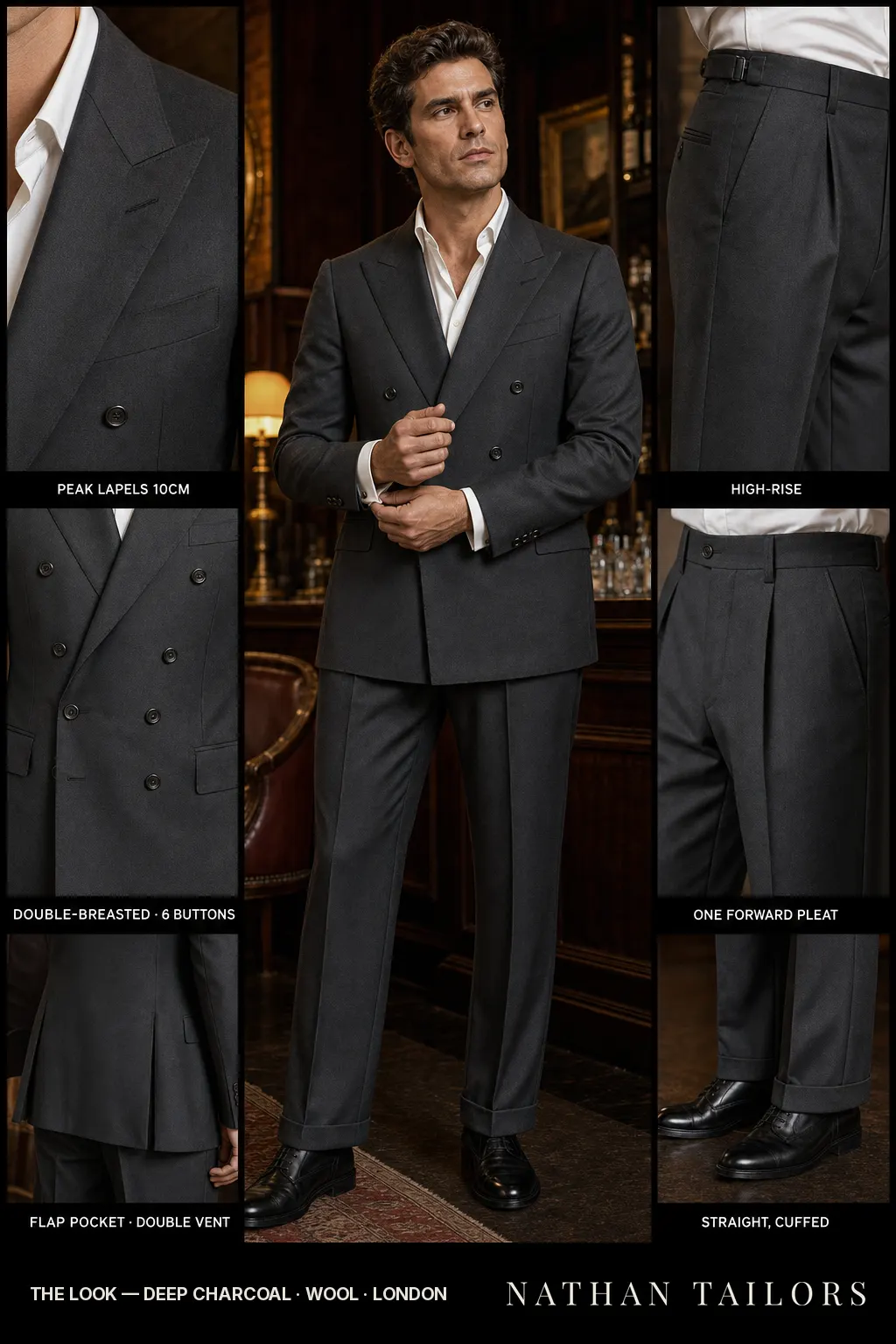 deep charcoal double-breasted peak-lapel bespoke suit — AI-rendered by Nathan Tailors, the Hoi An custom tailor. Available as a custom tailored suit from $149.