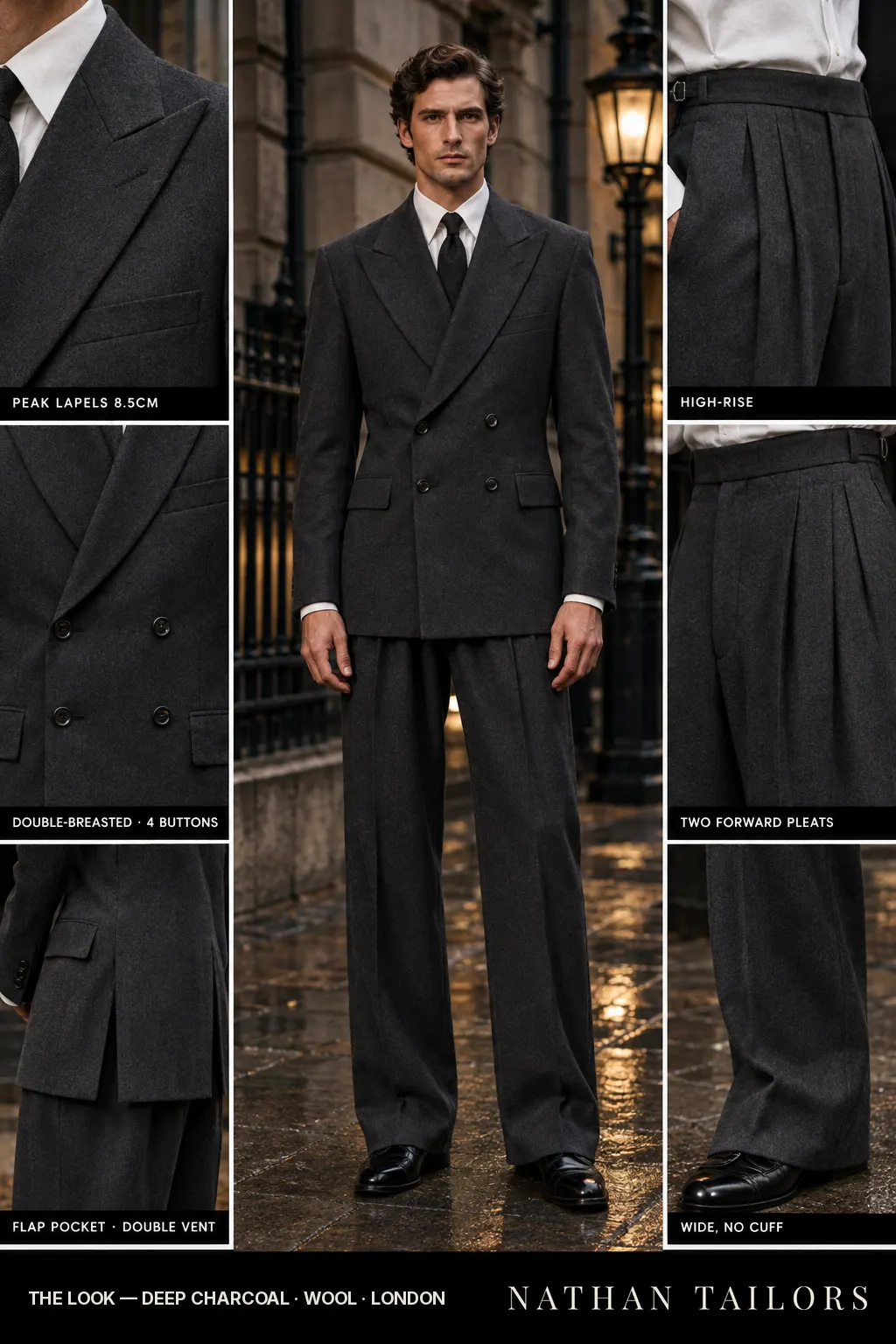 deep charcoal double-breasted bespoke suit — custom tailored by Nathan Tailors, the Hoi An custom tailor