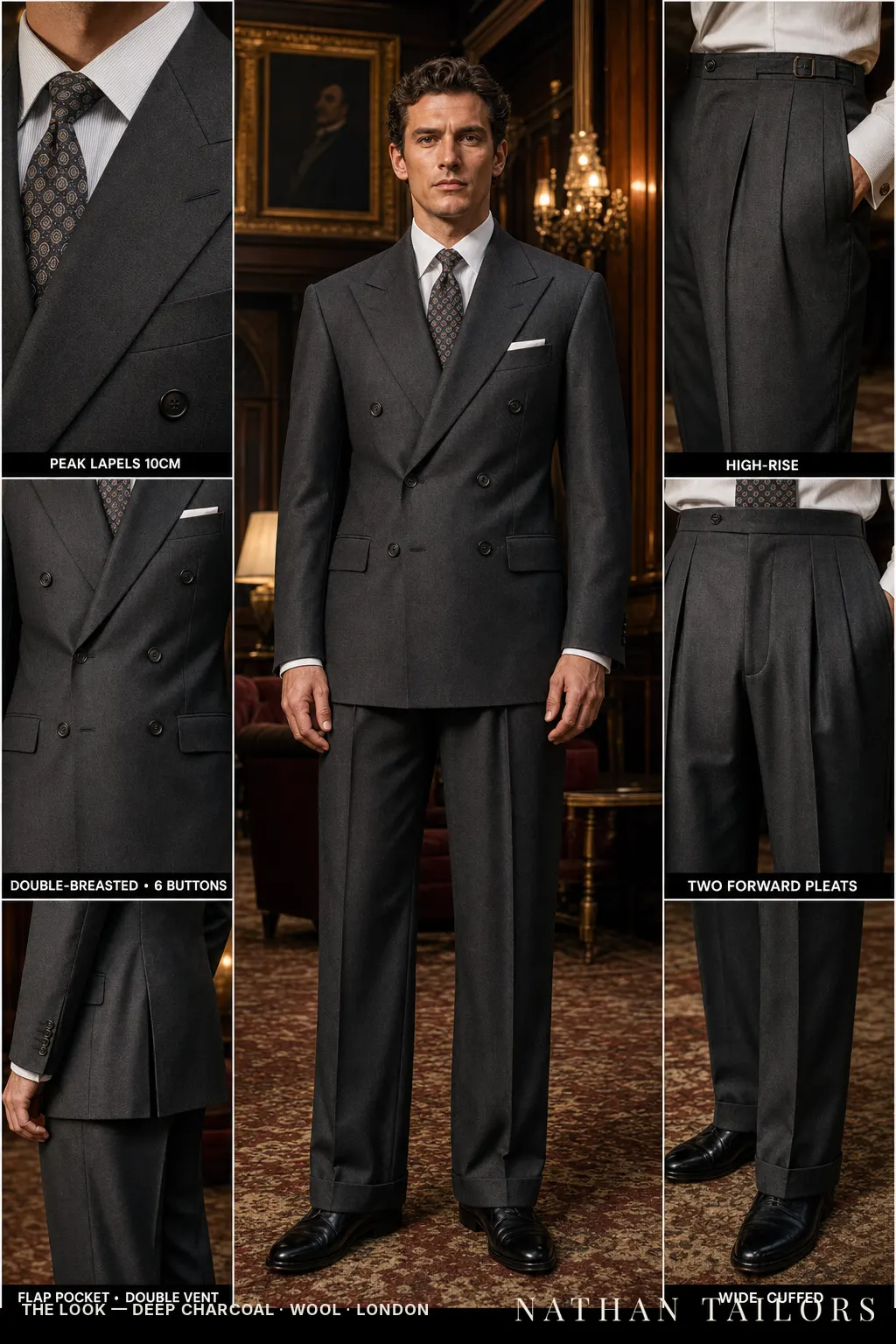 deep charcoal double-breasted peak-lapel bespoke suit โ AI-rendered by Nathan Tailors, the Hoi An custom tailor. Available as a custom tailored suit from $149.