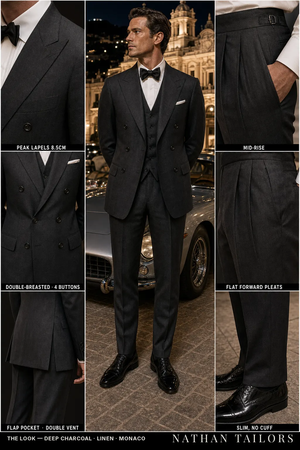 deep charcoal double-breasted peak-lapel bespoke suit โ AI-rendered by Nathan Tailors, the Hoi An custom tailor. Available as a custom tailored suit from $149.