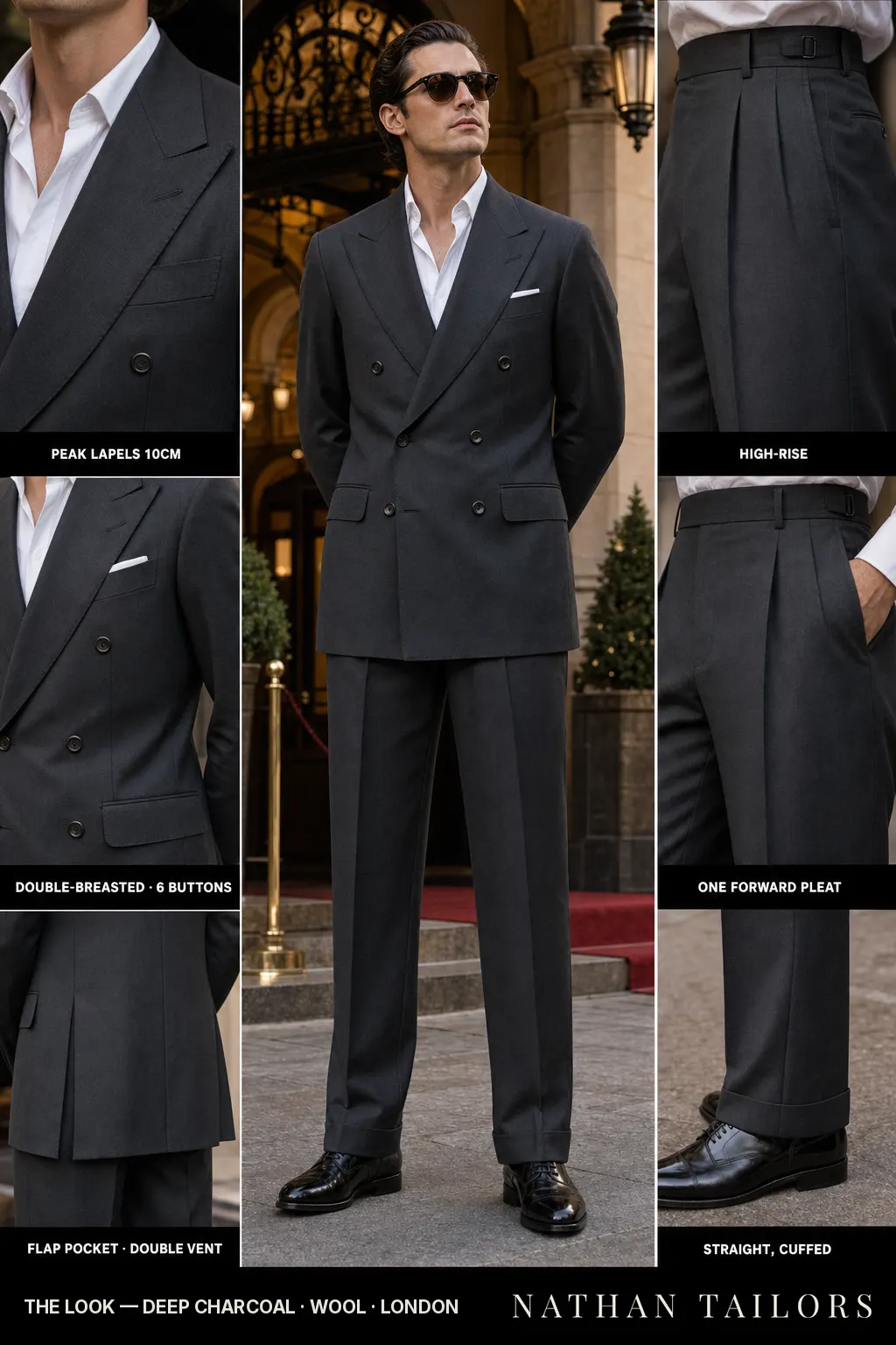 deep charcoal double-breasted peak-lapel bespoke suit โ AI-rendered by Nathan Tailors, the Hoi An custom tailor. Available as a custom tailored suit from $149.