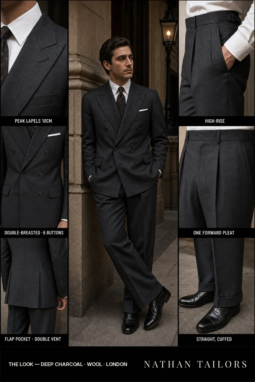 deep charcoal double-breasted peak-lapel bespoke suit โ AI-rendered by Nathan Tailors, the Hoi An custom tailor. Available as a custom tailored suit from $149.