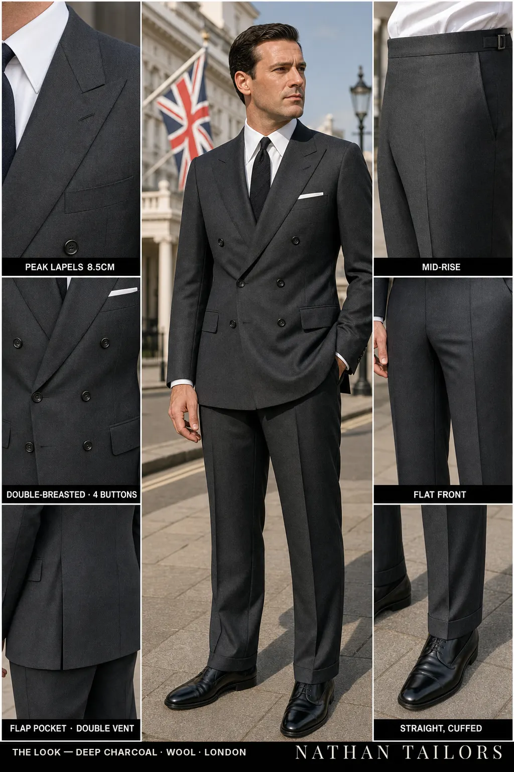 deep charcoal double-breasted peak-lapel bespoke suit — AI-rendered by Nathan Tailors, the Hoi An custom tailor. Available as a custom tailored suit from $149.