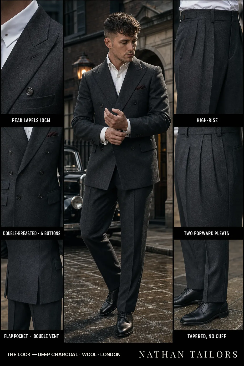 deep charcoal double-breasted peak-lapel bespoke suit — AI-rendered by Nathan Tailors, the Hoi An custom tailor. Available as a custom tailored suit from $149.