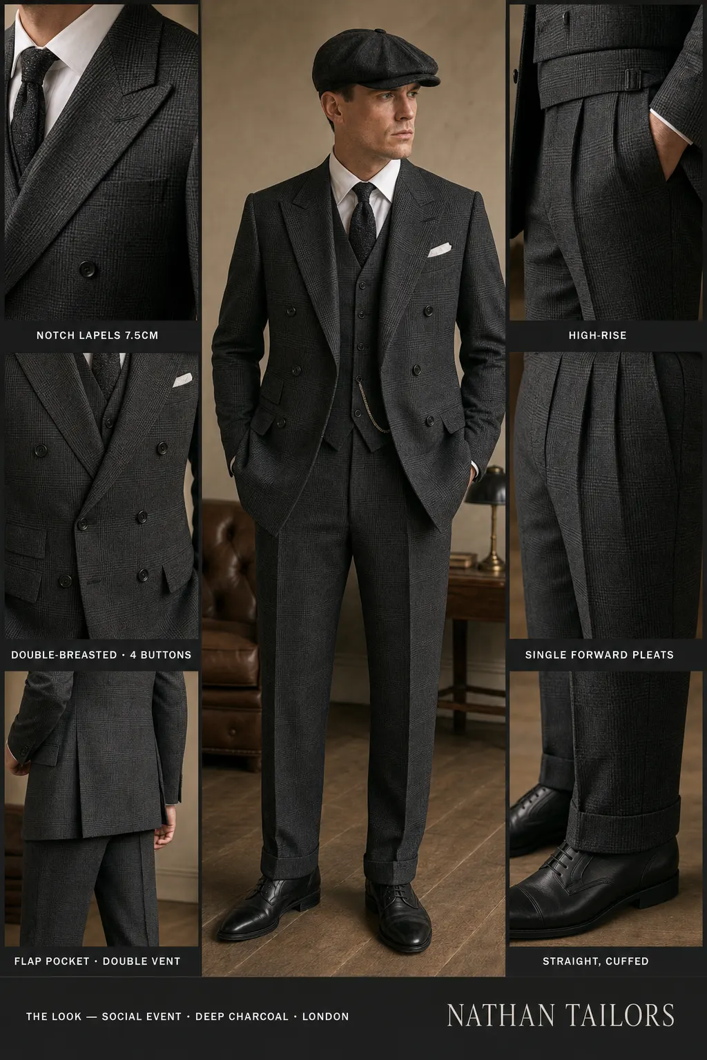 deep charcoal glen plaid double-breasted notch-lapel bespoke suit — AI-rendered by Nathan Tailors, the Hoi An custom tailor. Available as a custom tailored suit from $149.