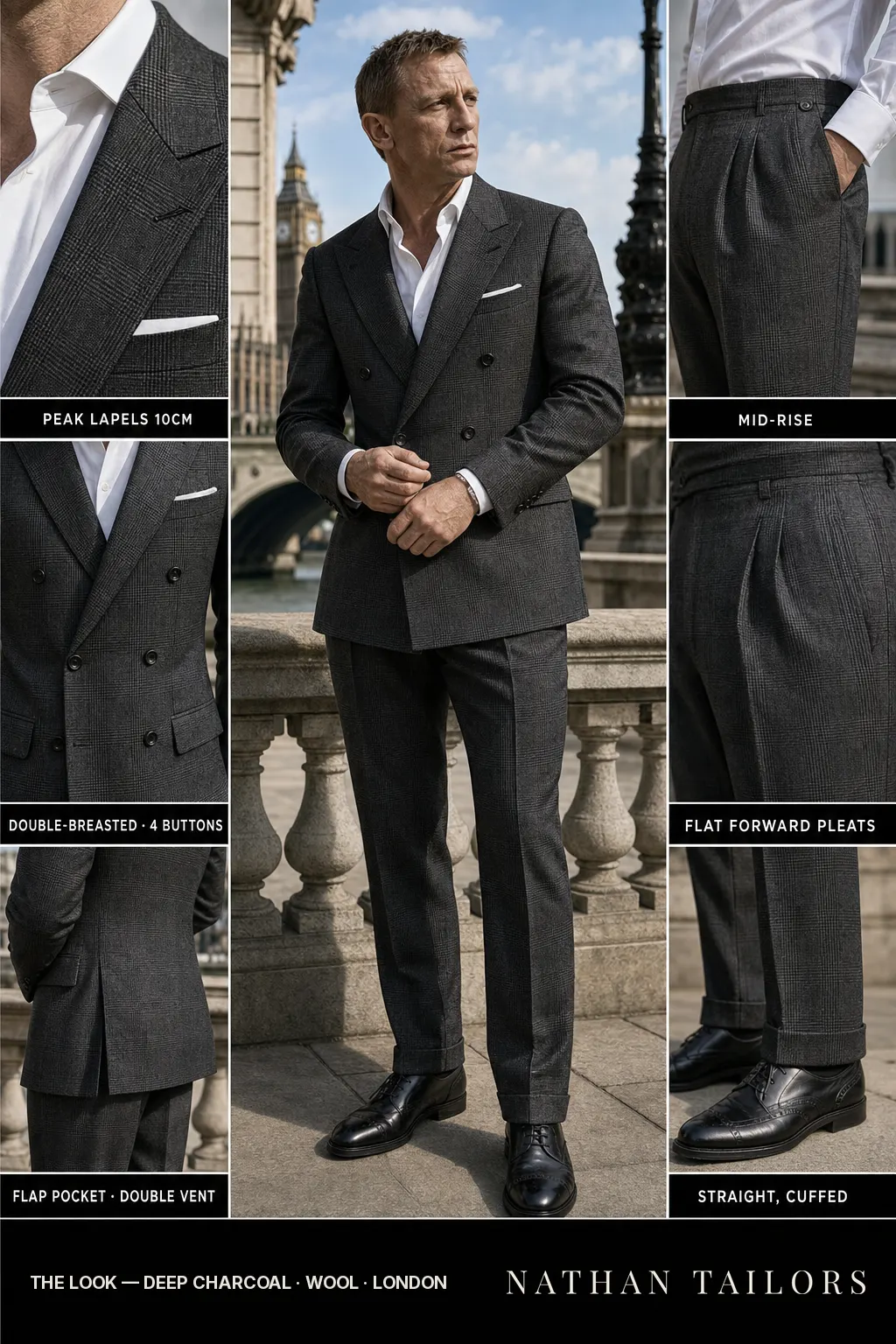 deep charcoal glen plaid double-breasted peak-lapel bespoke suit — AI-rendered by Nathan Tailors, the Hoi An custom tailor. Available as a custom tailored suit from $149.