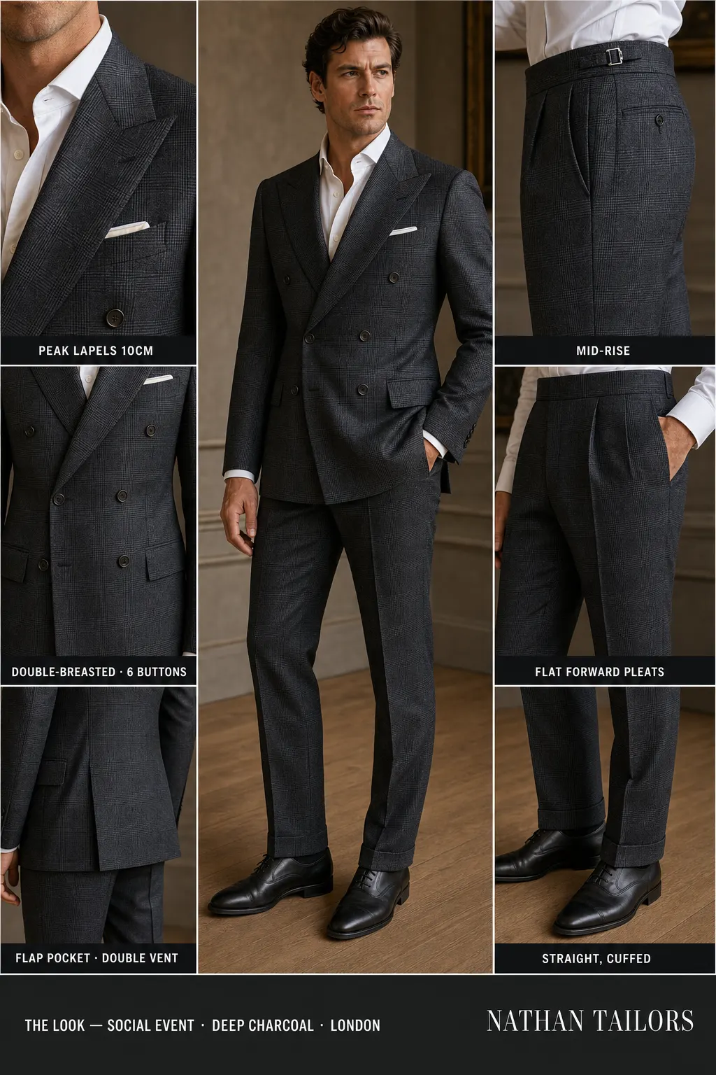 deep charcoal glen plaid double-breasted peak-lapel bespoke suit โ AI-rendered by Nathan Tailors, the Hoi An custom tailor. Available as a custom tailored suit from $149.