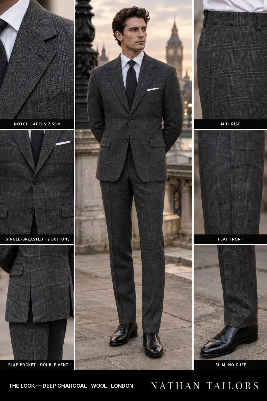 deep charcoal glen_plaid single-breasted bespoke suit โ custom tailored by Nathan Tailors, the Hoi An custom tailor