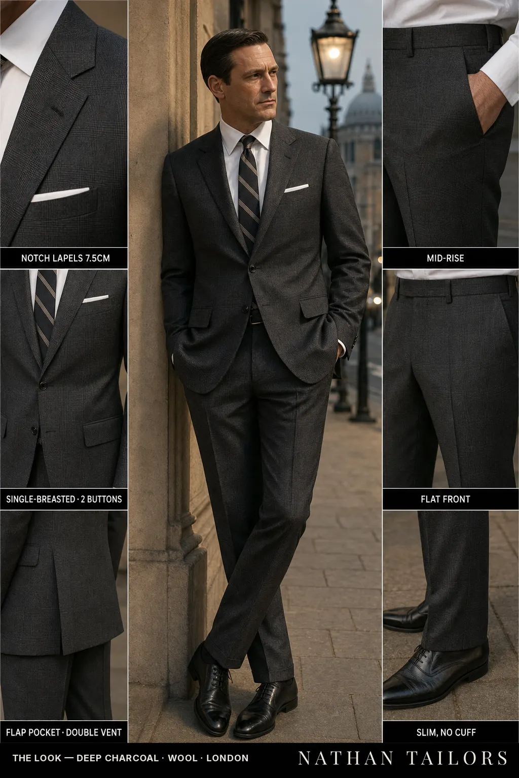 deep charcoal glen plaid single-breasted notch-lapel bespoke suit — AI-rendered by Nathan Tailors, the Hoi An custom tailor. Available as a custom tailored suit from $149.