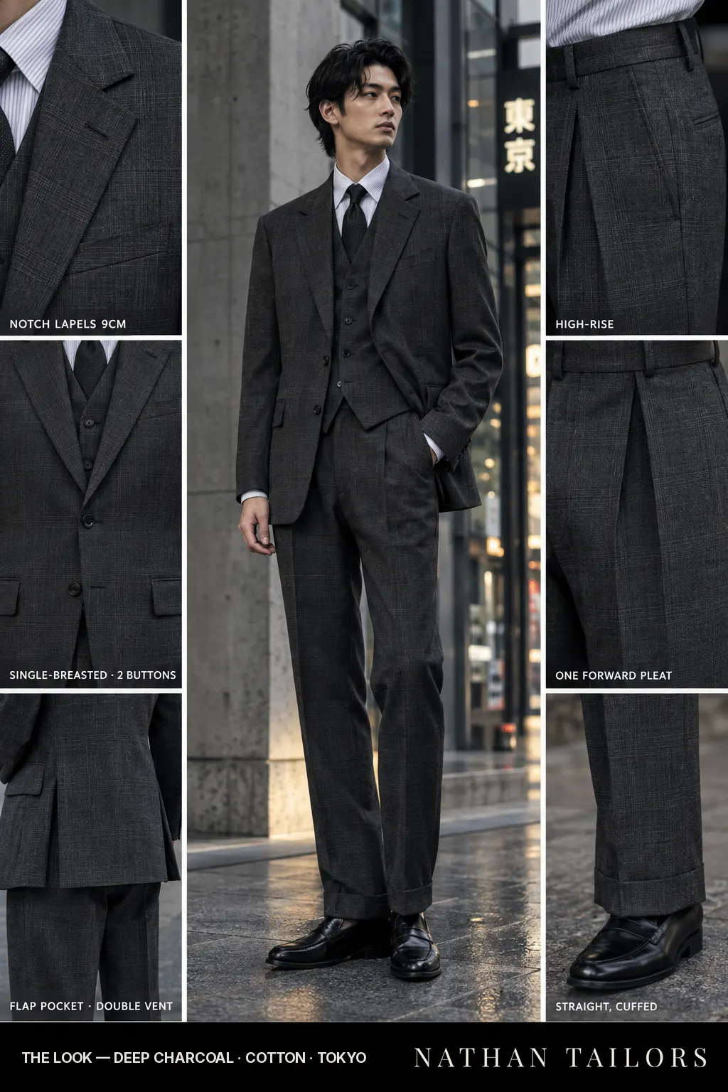 deep charcoal glen_plaid single-breasted bespoke suit โ custom tailored by Nathan Tailors, the Hoi An custom tailor