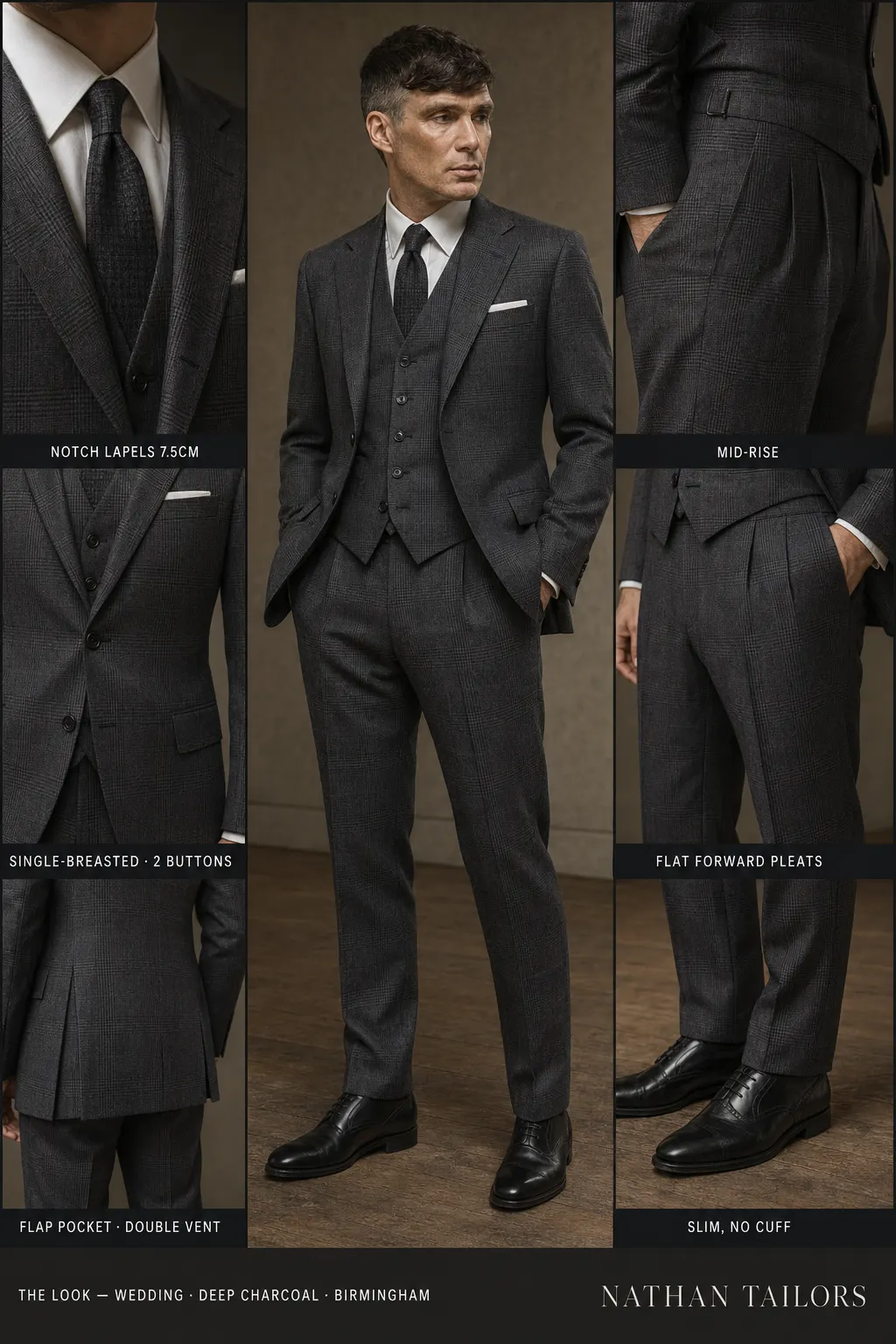deep charcoal glen plaid single-breasted notch-lapel bespoke suit โ AI-rendered by Nathan Tailors, the Hoi An custom tailor. Available as a custom tailored suit from $149.