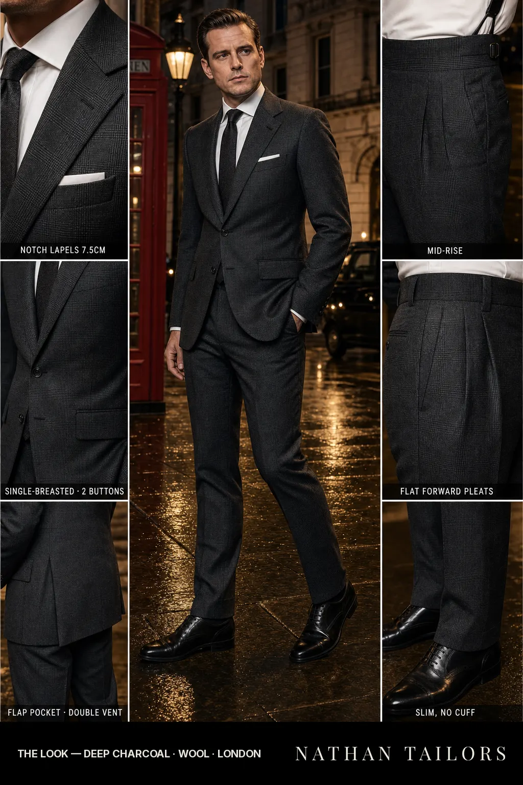 deep charcoal glen plaid single-breasted notch-lapel bespoke suit — AI-rendered by Nathan Tailors, the Hoi An custom tailor. Available as a custom tailored suit from $149.