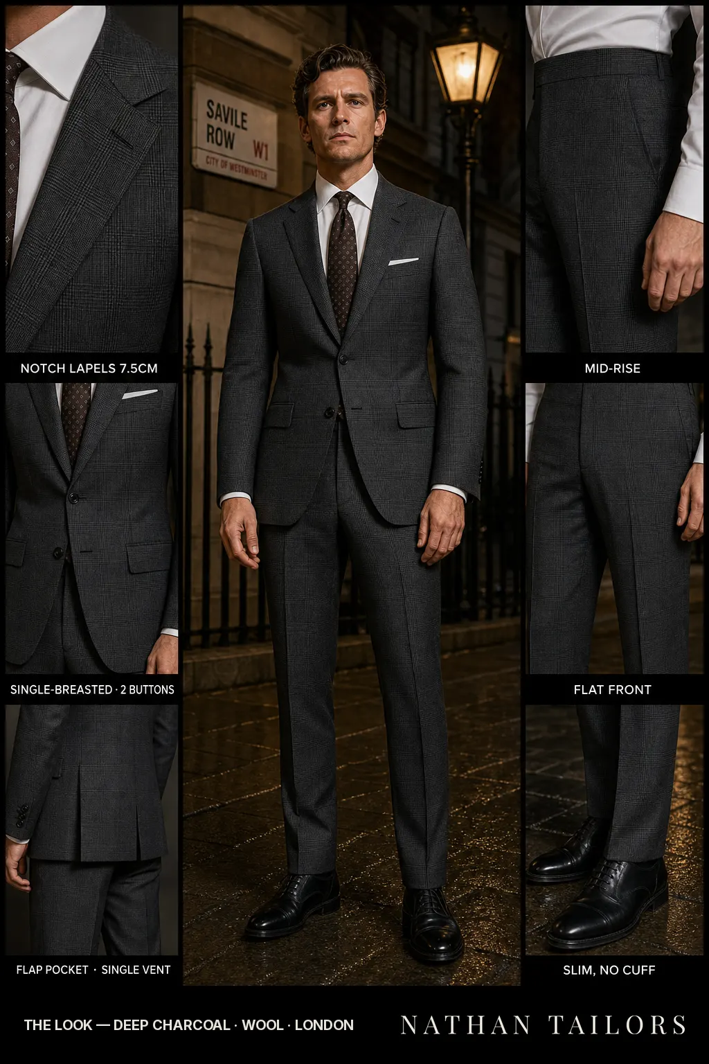 deep charcoal glen plaid single-breasted notch-lapel bespoke suit — AI-rendered by Nathan Tailors, the Hoi An custom tailor. Available as a custom tailored suit from $149.