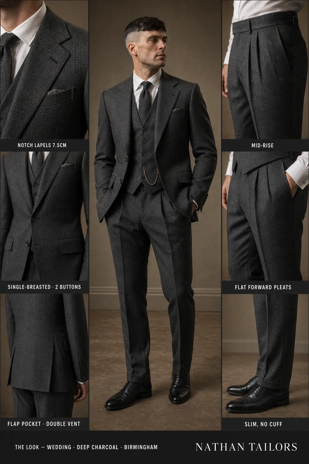 deep charcoal glen plaid single-breasted notch-lapel bespoke suit — AI-rendered by Nathan Tailors, the Hoi An custom tailor. Available as a custom tailored suit from $149.
