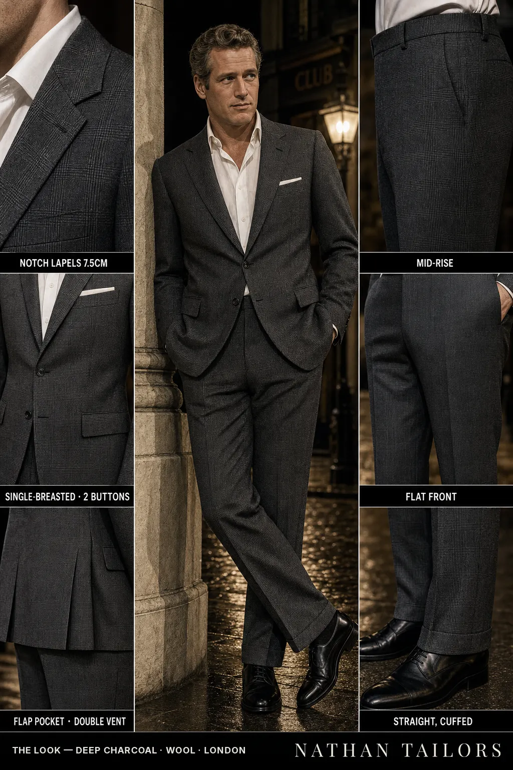 deep charcoal glen plaid single-breasted notch-lapel bespoke suit — AI-rendered by Nathan Tailors, the Hoi An custom tailor. Available as a custom tailored suit from $149.