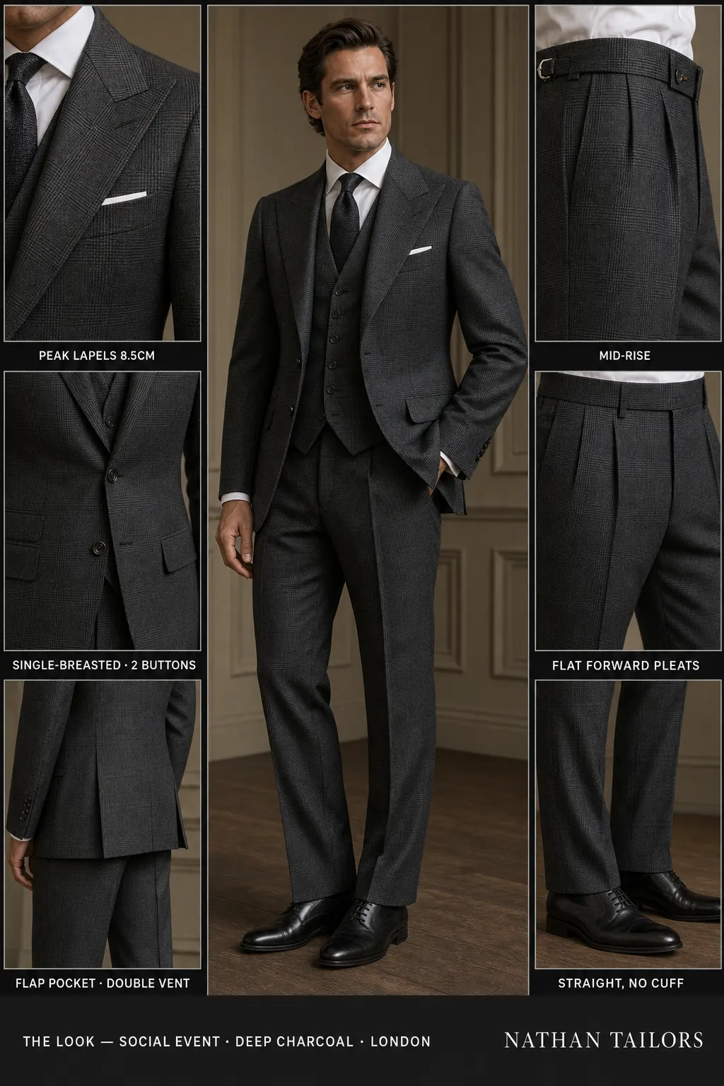 deep charcoal glen plaid single-breasted peak-lapel bespoke suit — AI-rendered by Nathan Tailors, the Hoi An custom tailor. Available as a custom tailored suit from $149.