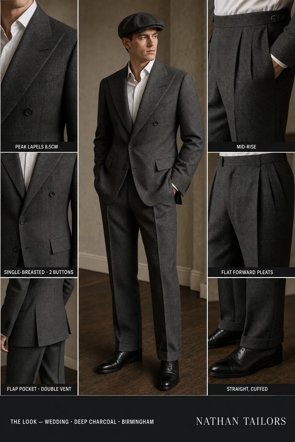 deep charcoal glen plaid single-breasted peak-lapel bespoke suit — AI-rendered by Nathan Tailors, the Hoi An custom tailor. Available as a custom tailored suit from $149.