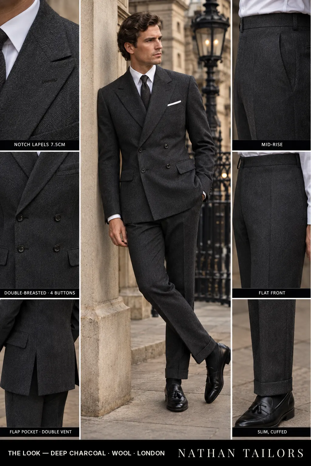 deep charcoal herringbone double-breasted bespoke suit โ custom tailored by Nathan Tailors, the Hoi An custom tailor