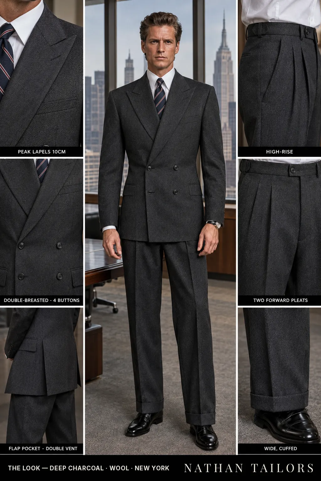 deep charcoal herringbone double-breasted bespoke suit โ custom tailored by Nathan Tailors, the Hoi An custom tailor