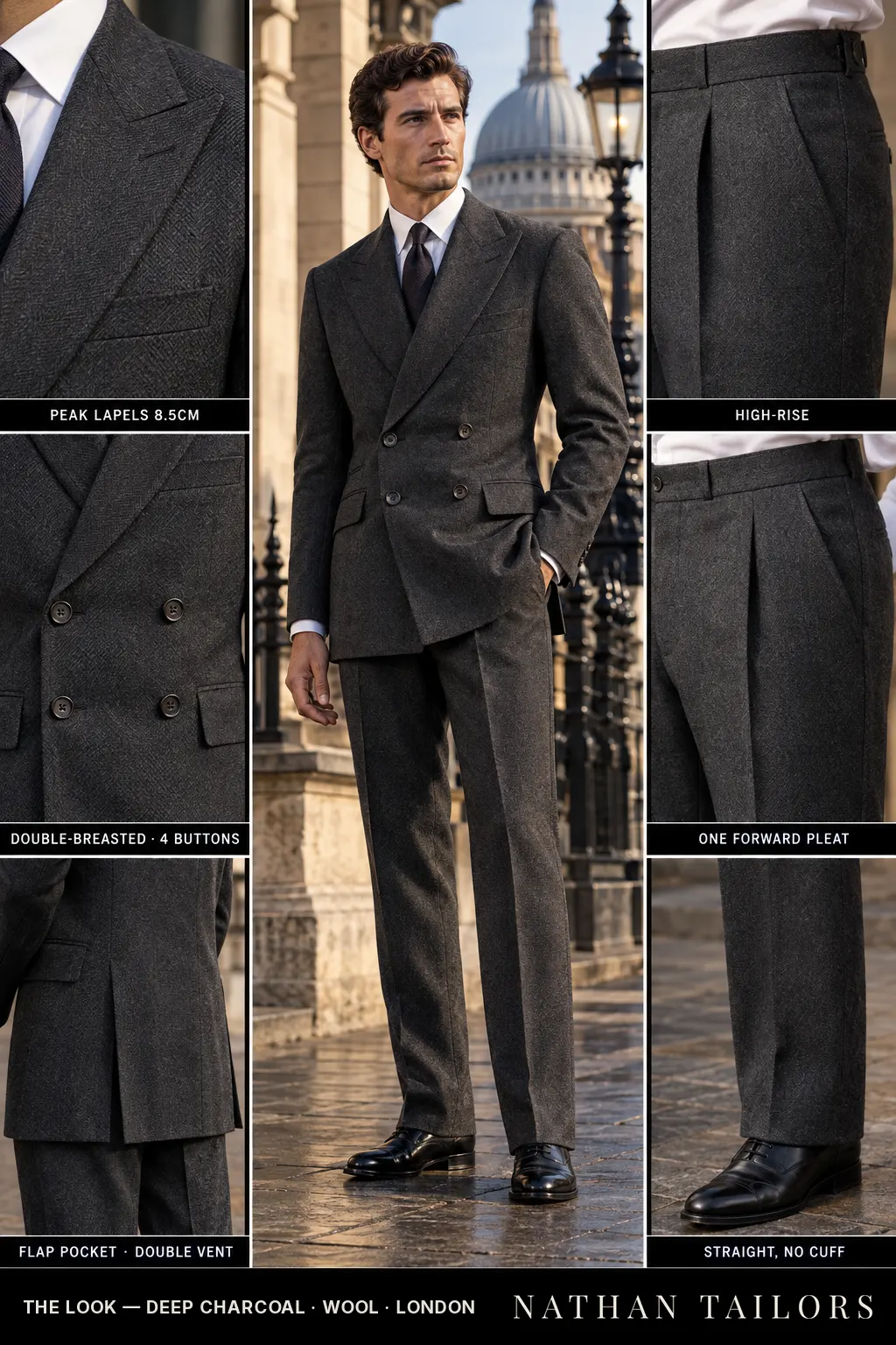 deep charcoal herringbone double-breasted bespoke suit — custom tailored by Nathan Tailors, the Hoi An custom tailor