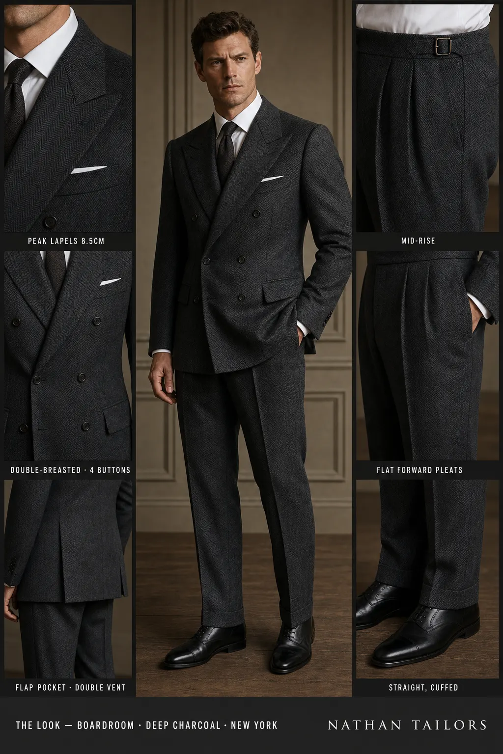 deep charcoal herringbone double-breasted peak-lapel bespoke suit — AI-rendered by Nathan Tailors, the Hoi An custom tailor. Available as a custom tailored suit from $149.