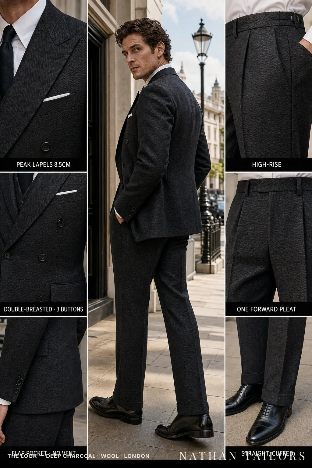 deep charcoal herringbone double-breasted peak-lapel bespoke suit — AI-rendered by Nathan Tailors, the Hoi An custom tailor. Available as a custom tailored suit from $149.