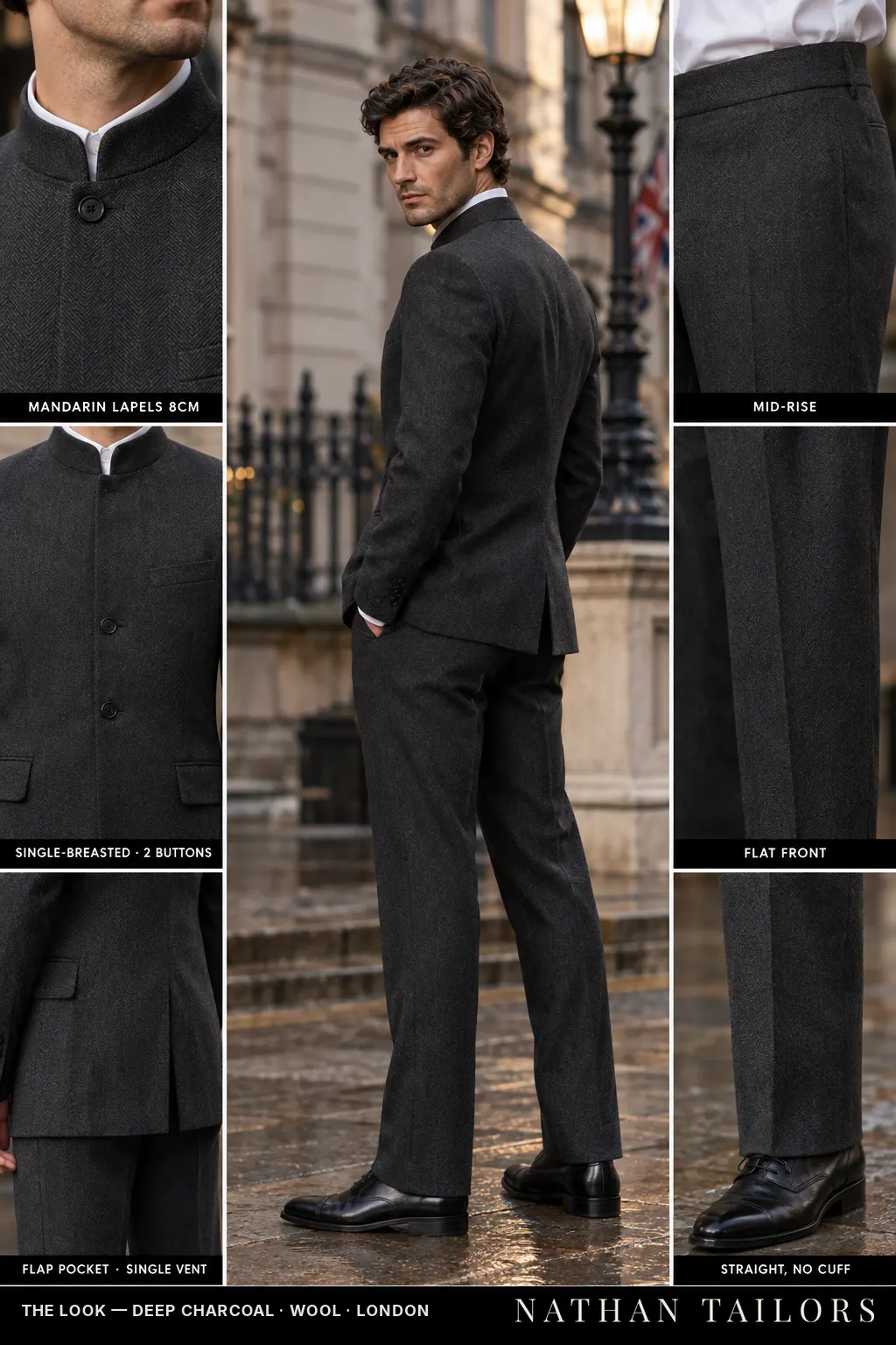 deep charcoal herringbone single-breasted mandarin-lapel bespoke suit — AI-rendered by Nathan Tailors, the Hoi An custom tailor. Available as a custom tailored suit from $169.