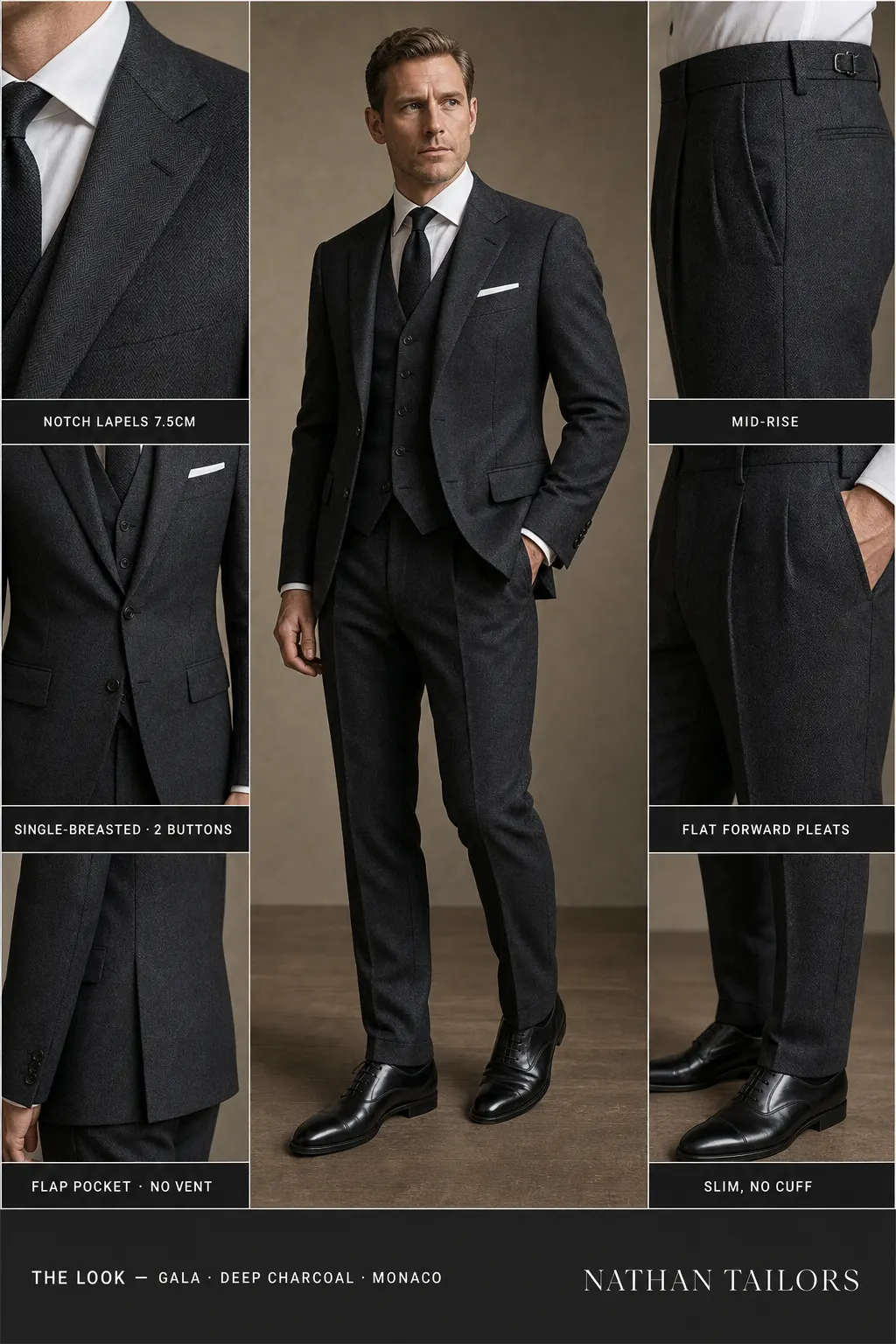deep charcoal herringbone single-breasted notch-lapel bespoke suit — AI-rendered by Nathan Tailors, the Hoi An custom tailor. Available as a custom tailored suit from $149.