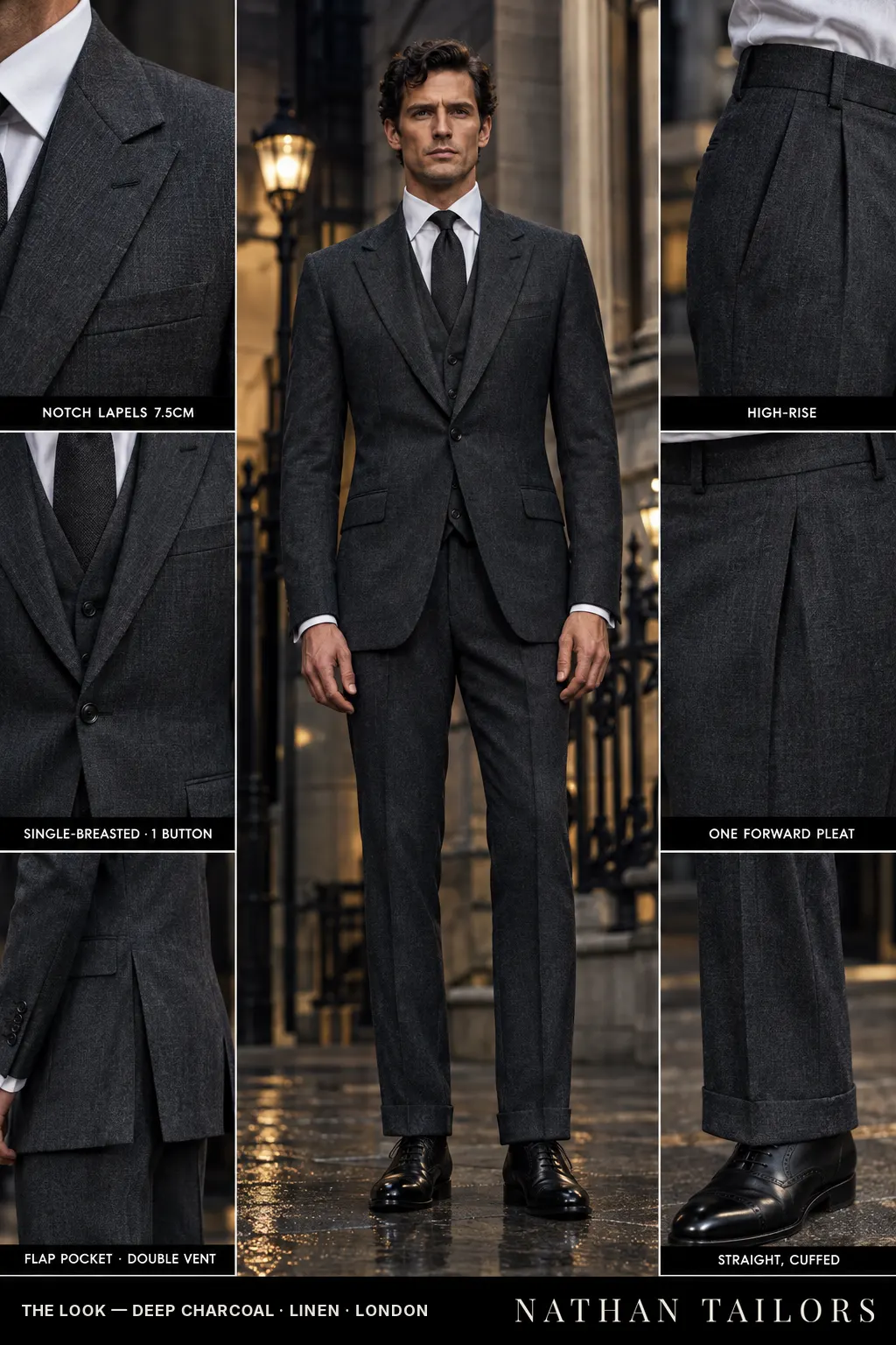 deep charcoal herringbone single-breasted bespoke suit โ custom tailored by Nathan Tailors, the Hoi An custom tailor