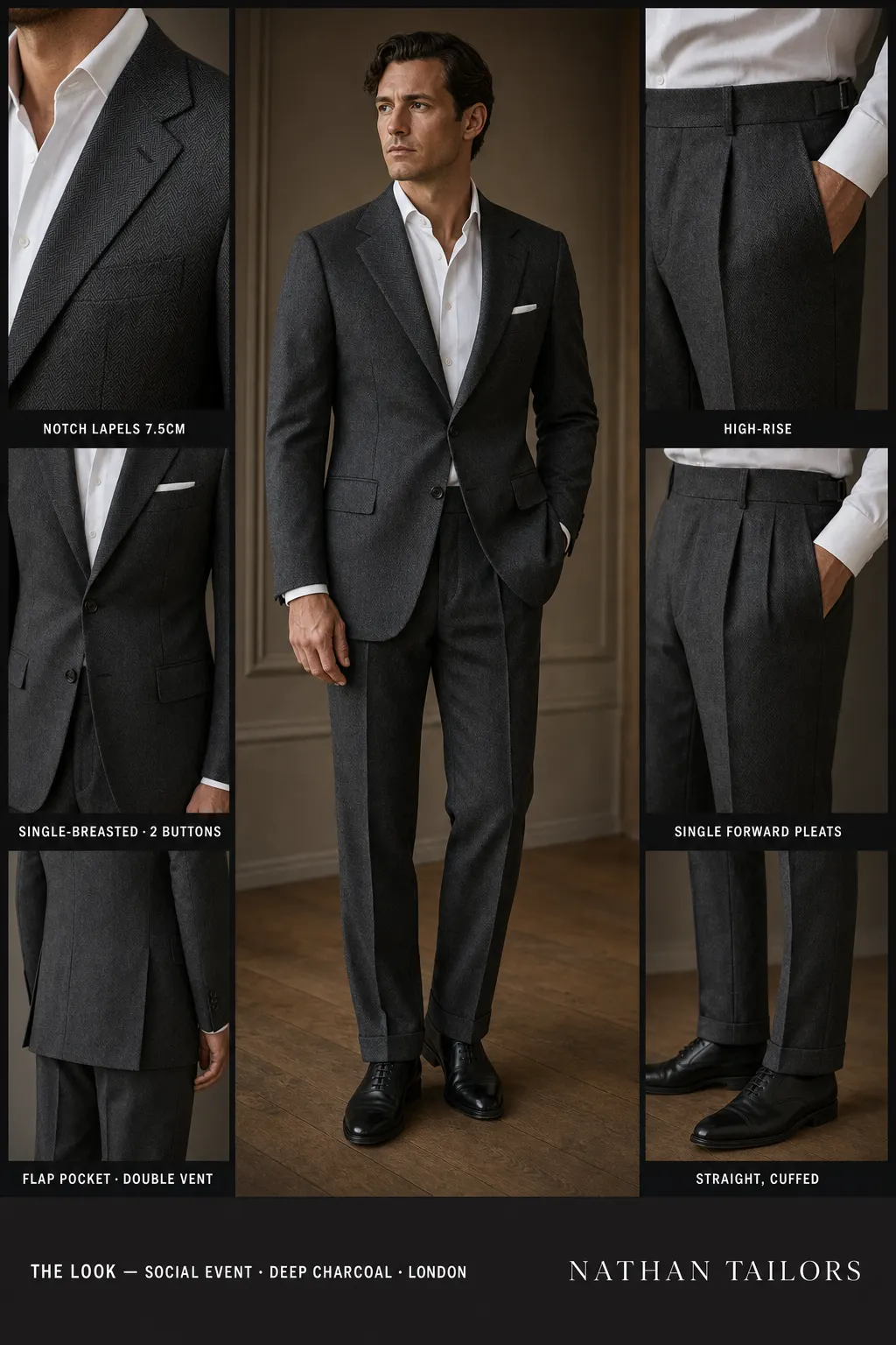 deep charcoal herringbone single-breasted notch-lapel bespoke suit โ AI-rendered by Nathan Tailors, the Hoi An custom tailor. Available as a custom tailored suit from $149.