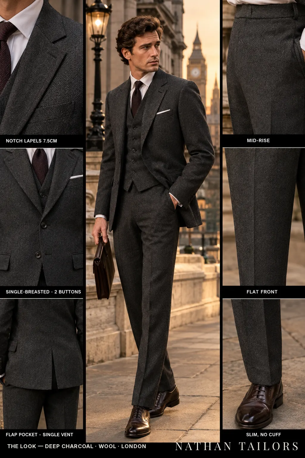 deep charcoal herringbone single-breasted bespoke suit โ custom tailored by Nathan Tailors, the Hoi An custom tailor