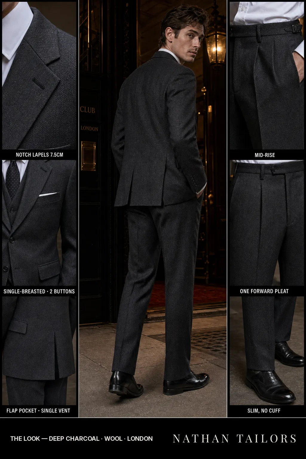 deep charcoal herringbone single-breasted bespoke suit — custom tailored by Nathan Tailors, the Hoi An custom tailor