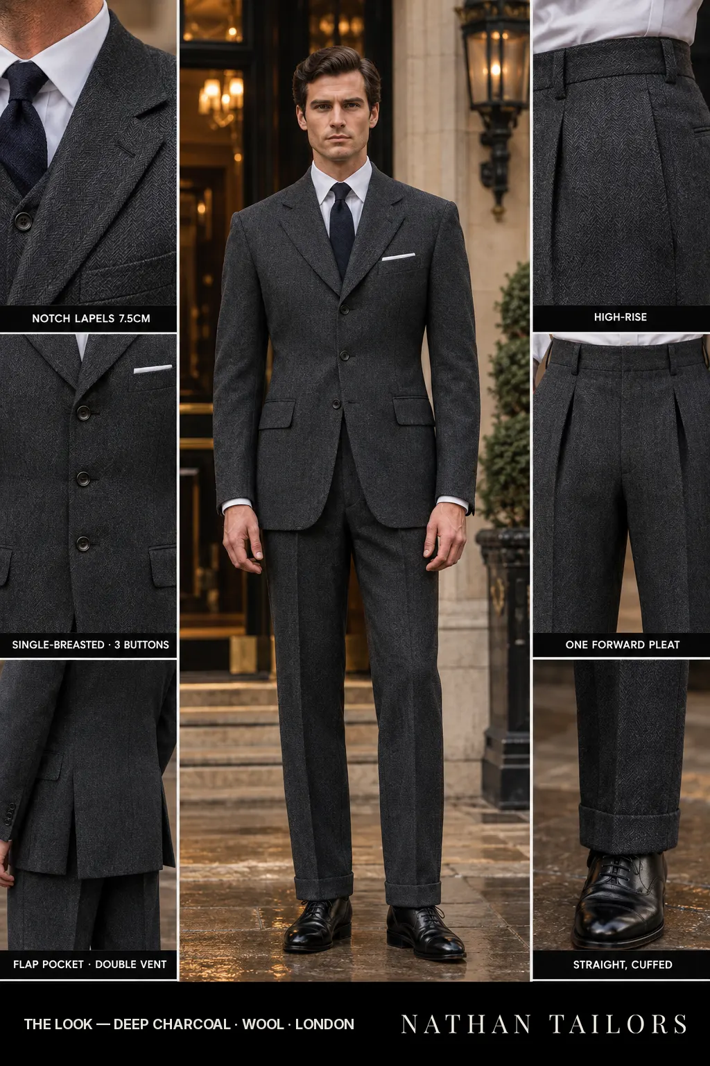 deep charcoal herringbone single-breasted bespoke suit โ custom tailored by Nathan Tailors, the Hoi An custom tailor