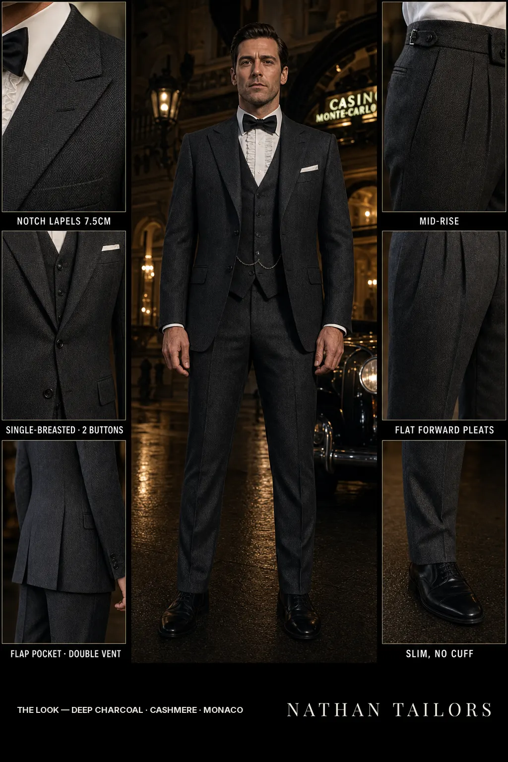 deep charcoal herringbone single-breasted notch-lapel bespoke suit โ AI-rendered by Nathan Tailors, the Hoi An custom tailor. Available as a custom tailored suit from $149.